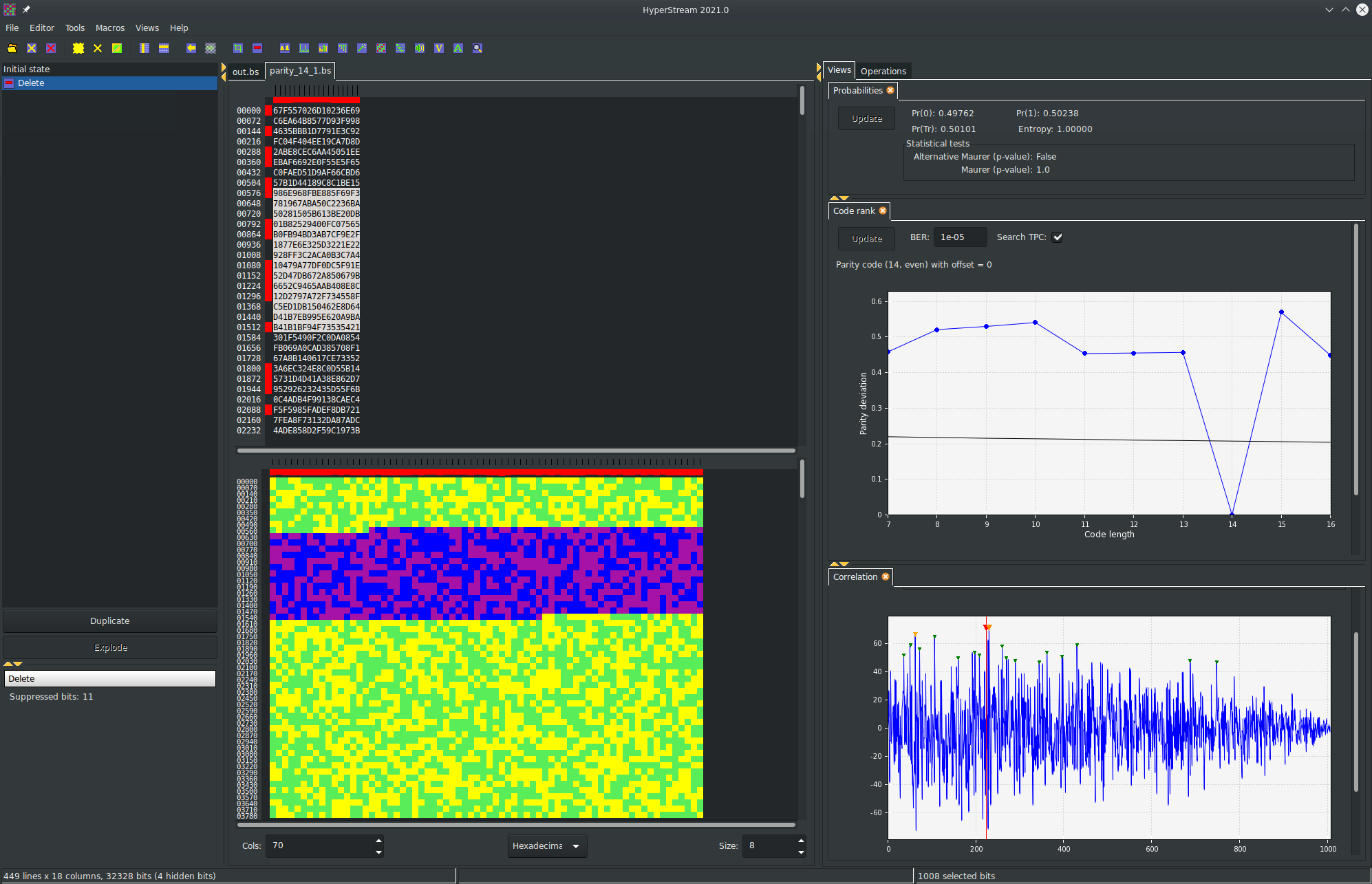 Dual view editor - HyperStream is able to load many bit streams in the same session. For each bit stream, the dual view bit+hexa can be selected, with synchronous selection between views. This screenshot also illustrate the bit autocorrelation view and the detection of a (14, 13, even) parity code.