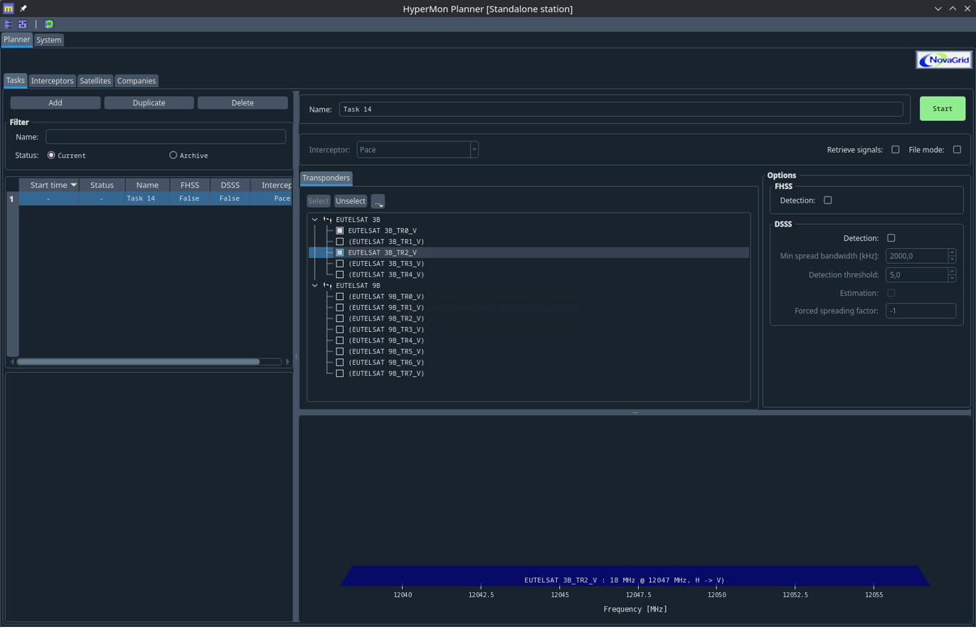 HyperMon Planner — analysis task on selected transponders